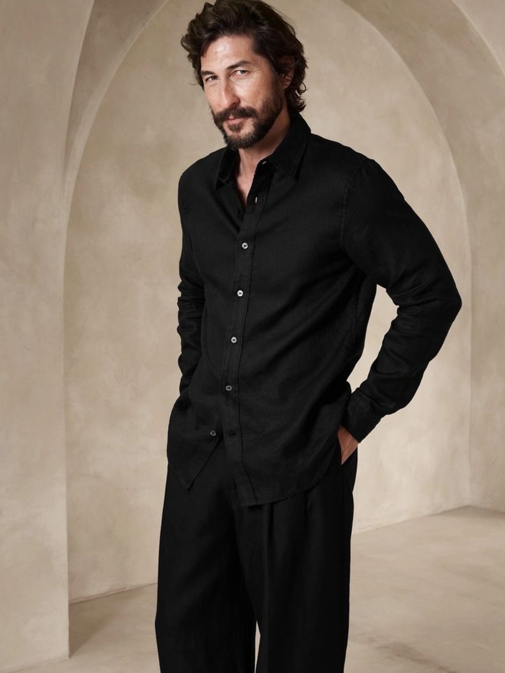 NEW Banana Republic mens XL black solid standard 100% linen button up shirt NWOT
